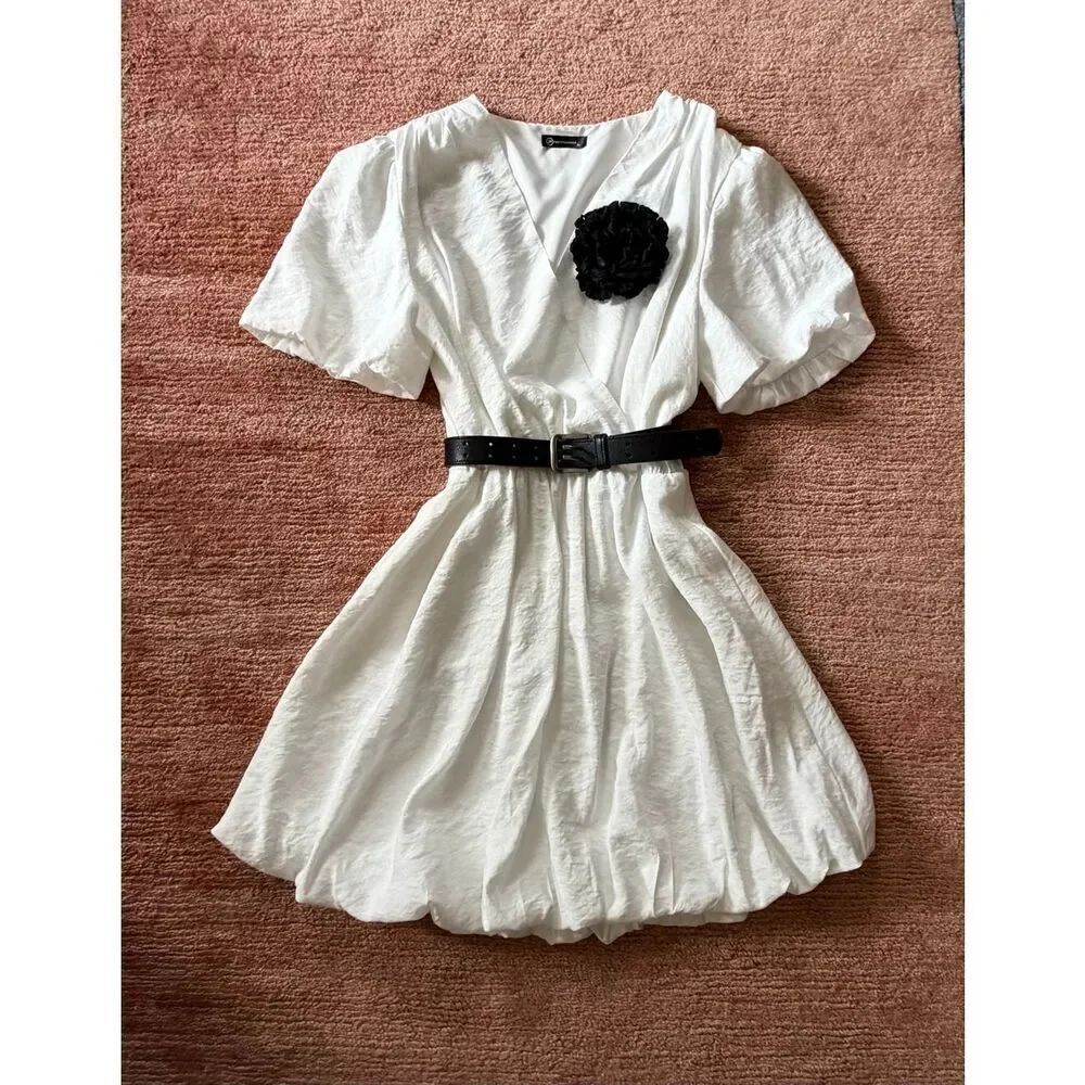 PrettyGarden White Wrap Dress XL Puff Sleeve V-Neck Flowy